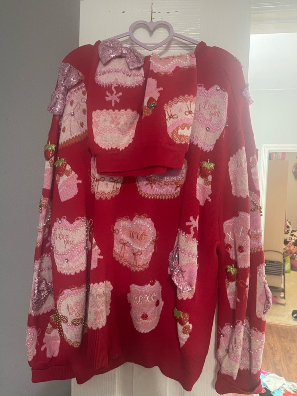 QUEEN OF SPARKLES Red and Pink Embellished Crewneck Sweater AND SKIRT